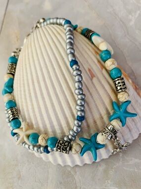 Turquoise Starfish Silver Sea Turtle Beaded Double Strand Anklet